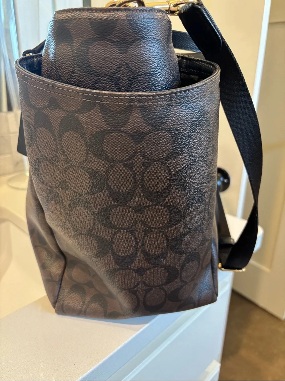 Coach Large Multi-Pocket Tote | Brown Signature Coated Canvas | Gold Hardware